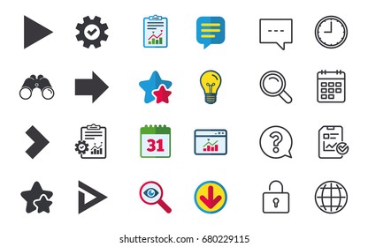Arrow icons. Next navigation arrowhead signs. Direction symbols. Chat, Report and Calendar signs. Stars, Statistics and Download icons. Question, Clock and Globe. Vector