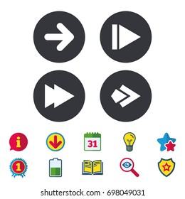 Arrow icons. Next navigation arrowhead signs. Direction symbols. Calendar, Information and Download signs. Stars, Award and Book icons. Light bulb, Shield and Search. Vector