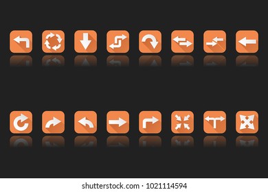 Arrow icons. Orange signs with reflection on black background. Vector illustration