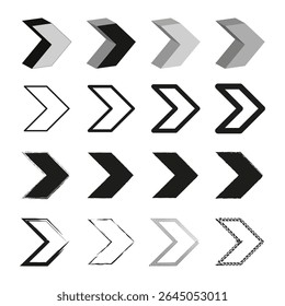 Pacote de ícones de seta. Sinais de direção vetorial. Setas abstratas em negrito. Contraste de branco preto.