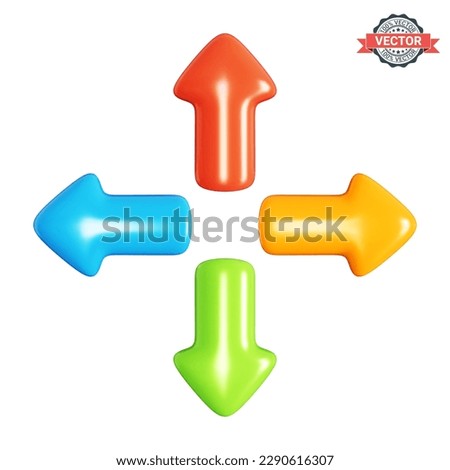 Arrow icons pointing in different directions, up, down, left and right. Glossy multicolored 3D vector graphics isolated on white background