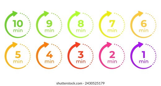 Arrow icons with remaining time from 10 to 1 minute. Illustration of time with arrow in modern style