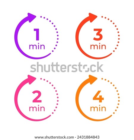 Arrow icons with remaining time from 4 to 1 minute. Illustration of time with arrow in modern style
