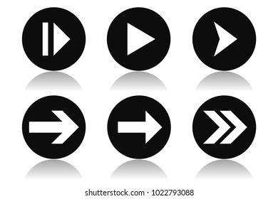 Arrow icons. Round black icons with reflection. Vector illustration on white background