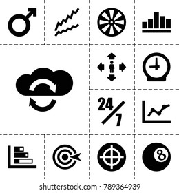Arrow icons. set of 13 editable filled arrow icons such as man move, 24 hours support, dart, chart, graph, target, cloud sync, male