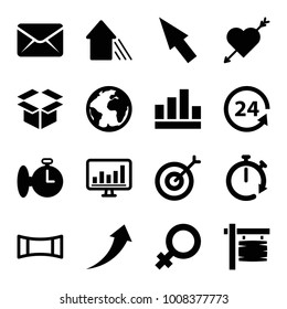 Arrow icons. set of 16 editable filled arrow icons such as female, graph, 24 support, planet, chart, panorama mode, target, pointer, stopwatch, mail, direction board