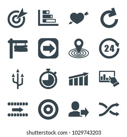 Arrow icons. set of 16 editable filled arrow icons such as map location, target, graph, direction board, chart, reload, 24 hours, stopwatch, user, hand on graph