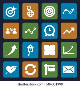 arrow icons set. Set of 16 arrow filled icons such as clock, direction board, pin on globe, mail, graph, user communicatrion, pendulum, target