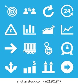 Arrow icons set. set of 16 arrow filled icons such as target, clock, pin on globe, 24 support, cargo trailer, voltage warning, user communicatrion, chart, money chart, forward