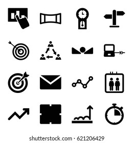 Arrow icons set. set of 16 arrow filled icons such as elevator, laptop connection, clock, target, panorama mode, arrow up, graph, direction, pendulum, stopwatch, communication