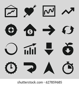 Arrow icons set. set of 16 arrow filled icons such as graph, update, house sale, target, sundial, stopwatch, chart, apple download, forward