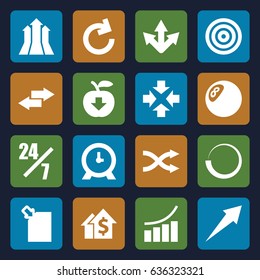 Arrow icons set. set of 16 arrow filled icons such as clock, graph, shuffle, arrow, arrows up, apple download, move, 24 hours support, dolar growth, reload, loading