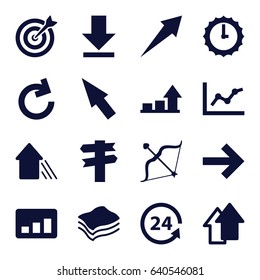 Arrow icons set. set of 16 arrow filled icons such as 24 support, bow, download, sponge, target, graph, pointer, sundial, chart, direction, forward
