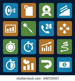 Arrow icons set. set of 16 arrow filled icons such as graph, dart, money dollar, curved arrow, stopwatch, chart, medal, 24 hours support, move, download document