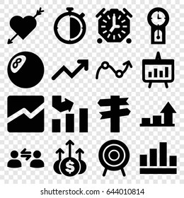 Arrow icons set. set of 16 arrow filled icons such as graph, line chart, target, chart, user communicatrion, pendulum, stopwatch, money up, clock, direction