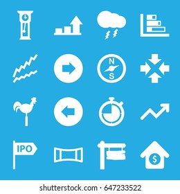 Arrow icons set. set of 16 arrow filled icons such as weather vane, direction board, panorama mode, house sale, thunderstorm, graph, direction, pendulum, stopwatch, compass