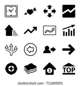 Arrow icons set. set of 16 arrow filled and outline icons such as top of cargo box, line chart, house sale, sponge, target, graph, chart, clock, user, move