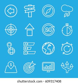 Arrow icons set. set of 16 arrow outline icons such as pin on globe, chart, lot price, thunderstorm, 24 hours, target, stopwatch, compass, direction, statistic