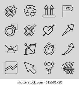 Arrow icons set. set of 16 arrow outline icons such as male, recycle, cargo trailer, bow, line chart, watering system, direction, stopwatch, pointer, target