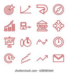 Arrow icons set. set of 16 arrow outline icons such as laptop connection, top of cargo box, graph, time, sundial, stopwatch, mail, back arrow, target, move, compass