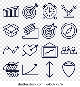 Arrow icons set. set of 16 arrow outline icons such as graph, box, cargo trailer, watering system, stopwatch, target, compass, stairs, location, communication