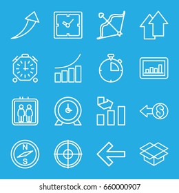 Arrow icons set. set of 16 arrow outline icons such as elevator, clock, graph, box, bow, arrow up, stopwatch, coin, back, compass