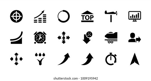 Arrow icons. set of 18 editable filled arrow icons: man move, money growth, target, top of cargo box, loading, chart, watering system, stopwatch, user, weather vane