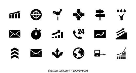 Arrow icons. set of 18 editable filled arrow icons: laptop connection, 24 hours support, target, stairs, weather vane, chart, planet, arrow, mail, watering system, stopwatch