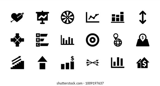 Arrow icons. set of 18 editable filled arrow icons: dart, chart, dolar growth, graph on board, stairs, pin on globe, statistic, lot price, money chart, move