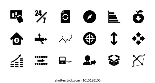 Arrow icons. set of 18 editable filled arrow icons: laptop connection, 24 hours support, arrow, compass, money growth, apple download, bow, hand on graph, house sale, reload
