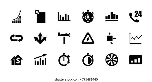 Arrow icons. set of 18 editable filled arrow icons: 24 hours support, dart, dolar growth, chart, download document, voltage warning, stopwatch, graph, money growth