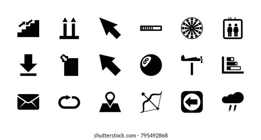 Arrow icons. set of 18 editable filled arrow icons: elevator, pointer, clock, graph, location pin, bow, download, reload replay, loading, download document, thunderstorm, mail