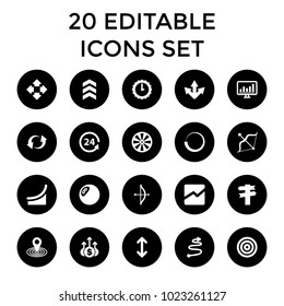 Arrow icons. set of 20 editable filled arrow icons such as map location, bow, clock, dart, direction, target, 24 support, update. best quality arrow elements in trendy style.