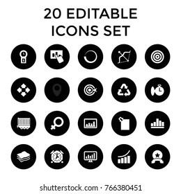 Arrow icons. set of 20 editable filled arrow icons such as female, graph, target, cargo trailer, bow, hand on graph, loading, download document, chart, sponge, recycle, medal