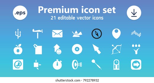 Arrow icons. set of 21 editable filled arrow icons includes bow, download document, at email, watering system, dart, arrows in target, pointer, pendulum, stopwatch, mail