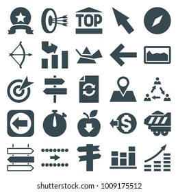 Arrow icons. set of 25 editable filled arrow icons such as graph, target, compass, direction, money growth, arrow, location pin, cargo trailer, communication, back, chart