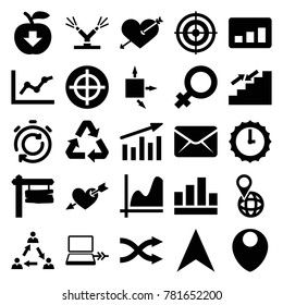 Arrow icons. set of 25 editable filled arrow icons such as female, graph, chart, target, direction board, apple download, pin on globe, communication, shuffle, watering system