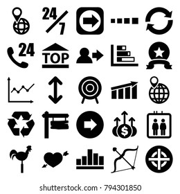 Arrow icons. set of 25 editable filled arrow icons such as elevator, user, 24 hours support, graph, weather vane, direction board, recycle, top of cargo box, pin on globe, bow