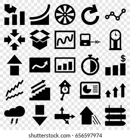 Arrow icons set. set of 25 arrow filled icons such as direction   isolated, laptop connection, graph, box, chart on display, thunderstorm, pendulum, stopwatch, chart