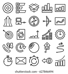 Arrow icons set. set of 25 arrow outline icons such as laptop connection, target, graph, reload, box, mail, time, curved arrow, sundial, pendulum, stopwatch, coin