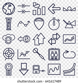Arrow icons set. set of 25 arrow outline icons such as elevator, laptop connection, graph, reload replay, target, pendulum, stopwatch, dart, coin, intersection, chart