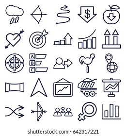 Arrow icons set. set of 25 arrow outline icons such as female, dollar down, graph, weather vane, pin on globe, cargo trailer, shuffle, panorama mode, thunderstorm, target, bow