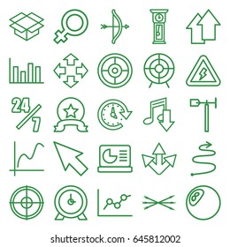 Arrow icons set. set of 25 arrow outline icons such as female, clock, weather vane, box, target, voltage warning, time, chart on display, pendulum, pointer, move
