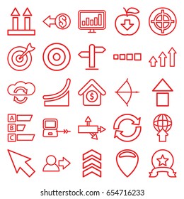 Arrow icons set. set of 25 arrow outline icons such as laptop connection, chart, house sale, target, graph, direction, bow, pointer, user, coin, medal, apple download