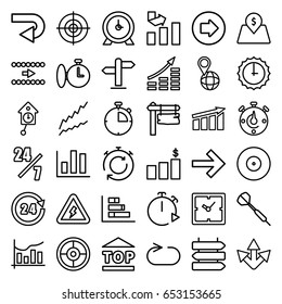 Arrow icons set. set of 36 arrow outline icons such as direction   isolated, clock, graph, direction board, top of cargo box, pin on globe, reload replay, chart, lot price
