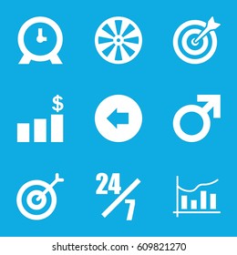 Arrow icons set. set of 9 arrow filled icons such as arrow left, male, clock, chart, target, money chart, dart