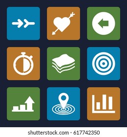 Arrow icons set. set of 9 arrow filled icons such as map location, sponge, graph, stopwatch, chart