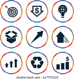 Arrow icons set. set of 9 arrow filled icons such as dollar down, target, recycle, box, graph, money chart