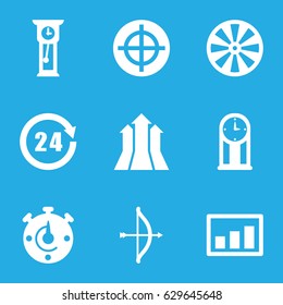 Arrow icons set. set of 9 arrow filled icons such as 24 hours, graph, pendulum, stopwatch, arrows up, bow, dart
