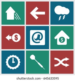 Arrow icons set. set of 9 arrow filled icons such as shuffle, at email, arrow up, house sale, thunderstorm, dart, sundial, coin